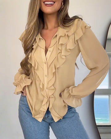 Plain Ruffles Lace Up Long Sleeve Blouse Casual V Neck Chiffon Shirt